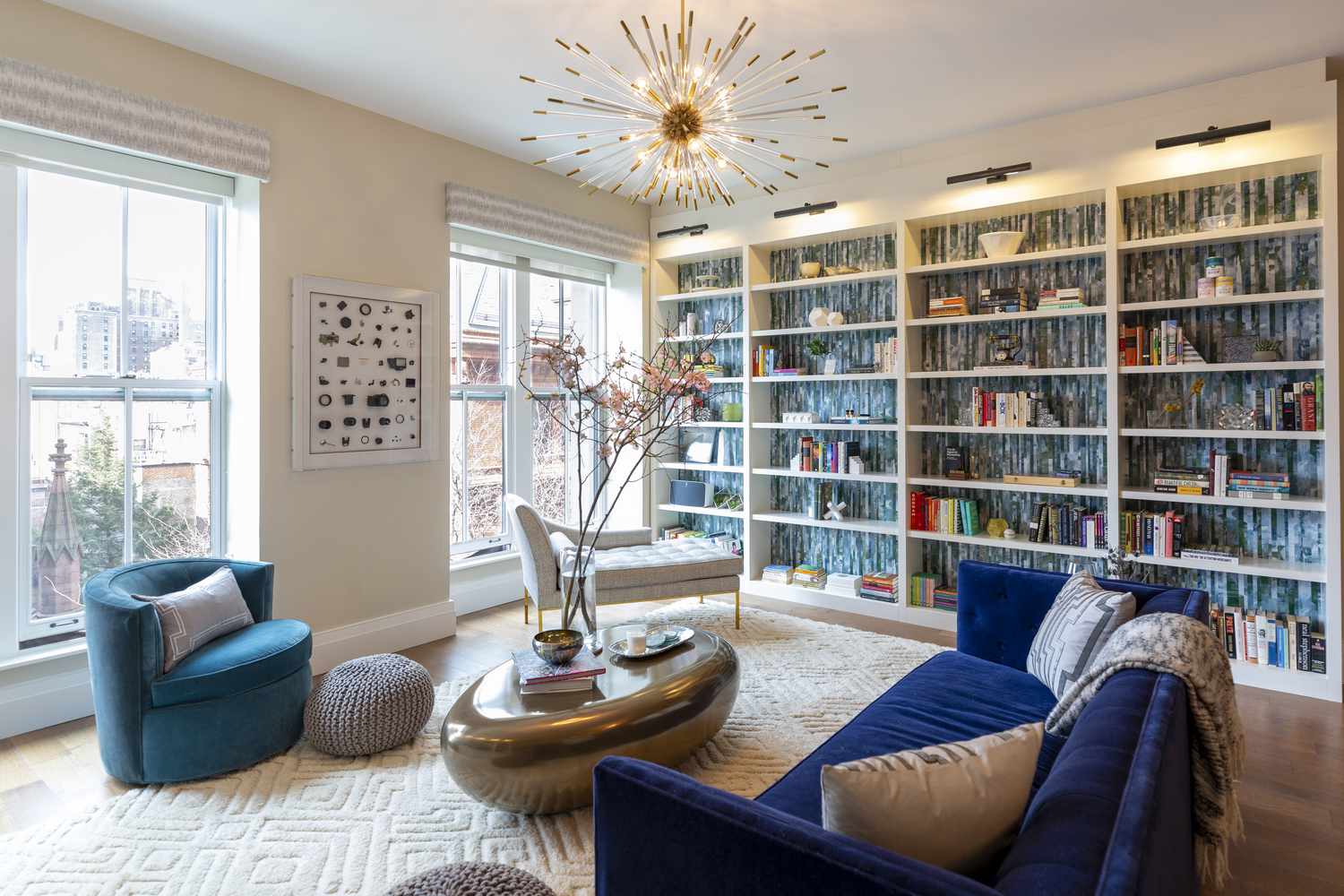 rental apartment living room with bold light fixture